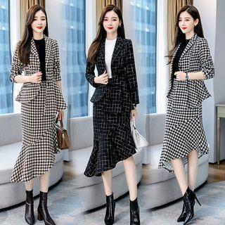 Set: Two Button Houndstooth Blazer + Asymmetrical Mermaid Skirt