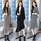 Set: Two Button Houndstooth Blazer + Asymmetrical Mermaid Skirt