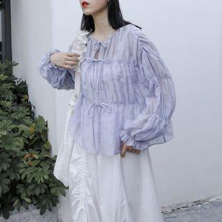 Balloon-sleeve Shirred Lace-up Blouse