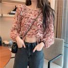 Floral Drawstring Cropped Blouse Pink - One Size