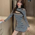 Set: Long Sleeve Round Neck Striped Crop Top + Sleeveless Striped Dress Stripe - One Size