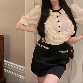 Round-neck Ruffle Trim Blouse / High Waist Beaded A-line Skirt