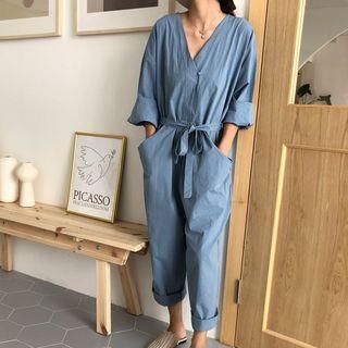 Long-sleeve V-neck Jumpsuit With Sash