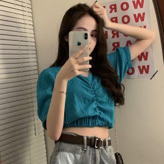 Short-sleeve Shirred Plain Cropped Top