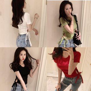 Drawstring Cutout Short-sleeve Cropped T-shirt