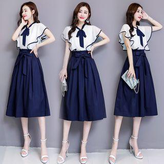 Set: Contrast Trim Flutter Sleeve Top + Paperbag-waist Skirt