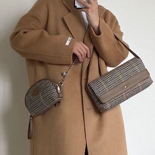 Set: Houndstooth Flap Shoulder Bag + Zip Pouch With Chain Set - Brown - One Size