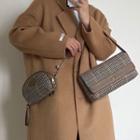 Set: Houndstooth Flap Shoulder Bag + Zip Pouch With Chain Set - Brown - One Size