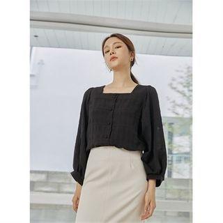 Square-neck Balloon-sleeve Checked Blouse