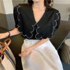 Puff Sleeve Contrast Trim Collar Shirt