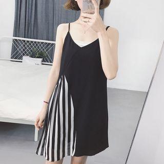 Striped Panel Chiffon Spaghetti Strap Dress