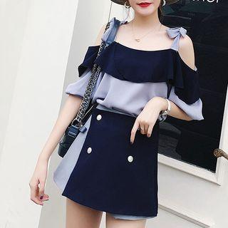 Set: Off Shoulder Elbow-sleeve Top + A-line Skirt
