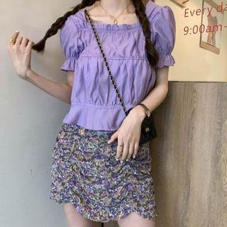 Short-sleeve Shirred Cropped Blouse / Floral Shirred Mini A-line Skirt