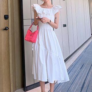 Off-shoulder Frill Trim Midi A-line Dress