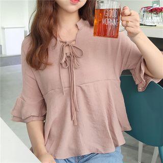 Lace Up Elbow-sleeve Blouse