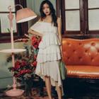 Short-sleeve Cold Shoulder Tiered Asymmetric Dress