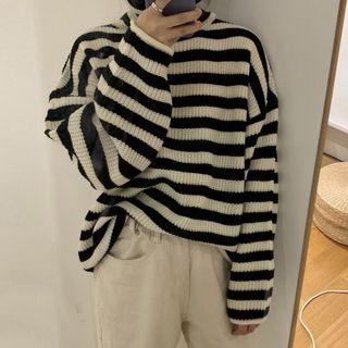 Turtleneck Stripe Sweater Stripes - Off White & Black - One Size