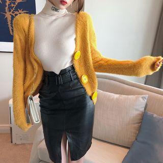 Plain Long-sleeve Open Knit Cardigan / A-line Skirt