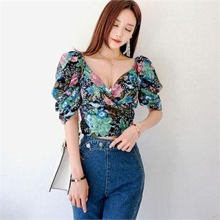 Puff-sleeve Wrap-front Floral Blouse