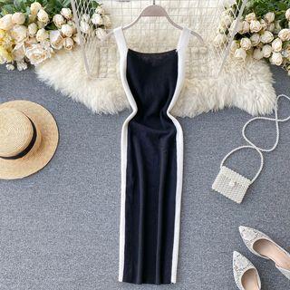 Wide Strap Contrast Trim Midi Knit Sheath Dress