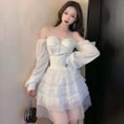 Rhinestone Long-sleeve Top / A-line Skirt