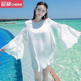 Bell-sleeve Lace Panel Chiffon Dress