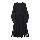 Long-sleeve Fringe Accent A-line Dress Black - One Size