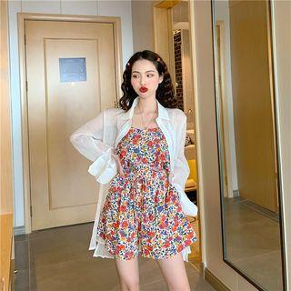 Floral Print Camisole Top / Plain Sheer Long-sleeve Shirt