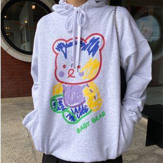 Bear Printed Hoodie Light Gray Fleece Lining - One Size