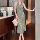 Sleeveless Halter Neck Floral Midi A-line Dress