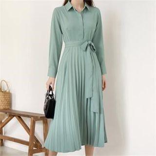 Half-placket Pleated Shirtdress