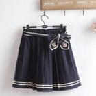 Bow Pleated Skirt Navy Blue - One Size