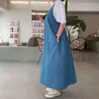 Flared Denim Long Pinafore Dress Blue - One Size