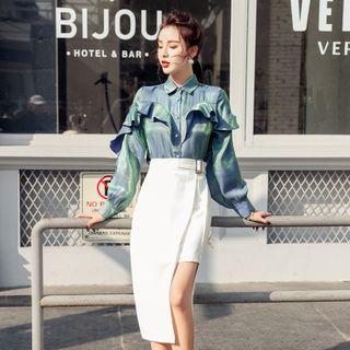 Ruffle Blouse / Side-slit Midi Straight-fit Skirt
