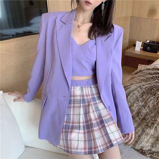 V-neck Camisole Top / Single-button Blazer / Plaid A-line Skirt / Straight-cut Pants