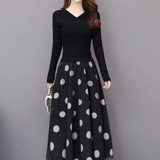 Elbow-sleeve Mock Two-piece Dotted Midi Dress