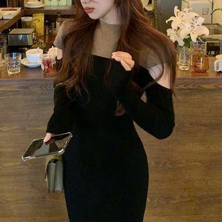 Mock-neck Two-tone Cut-out Knit Midi Sheath Dress