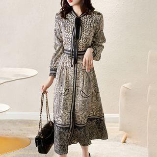 Long Sleeve V-neck Print Dress Black - M
