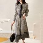 Long Sleeve V-neck Print Dress Black - M