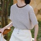 Short-sleeve Striped T-shirt Brown Stripe - White - One Size