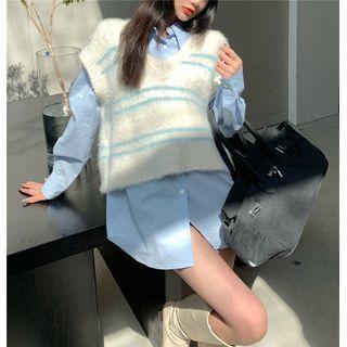 Plain Loose-fit Shirt / V-neck Striped Vest