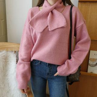 V-neck Knit Top With Scarf