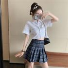 Short-sleeve Crop Shirt / Plaid Mini Pleated Skirt