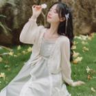 Ruffle Trim Jacket / Spaghetti Strap Floral Embroidered A-line Dress