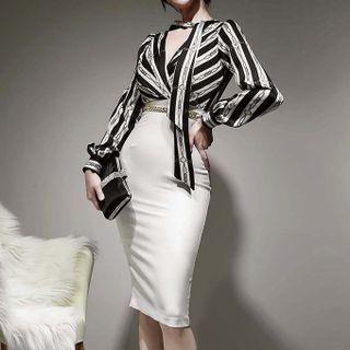 Long-sleeve Mock Two-piece Printed Sheath Dress