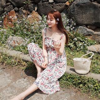 Floral Print Frilled Pinafore Maxi Dress
