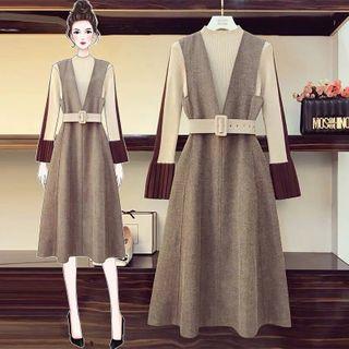 Set: Contrast Trim Sweater + Pinafore Dress
