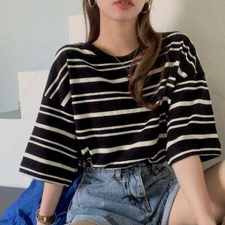 Elbow-sleeve Striped T-shirt T-shirt - Stripes - Black & White - One Size