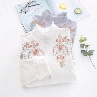 Floral Embroidered Frilled Neck Fleece Lined Long-sleeve Shirt