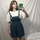 Set: Elbow-sleeve T-shirt + Striped Suspender Shorts